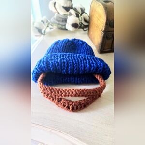 Handknit Newborn blue hat with crocheted detachable baby "beard" :0)